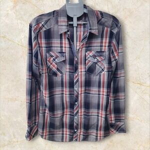 BKE Tailored Fit XL Plaid Long Sleeve Button Up Shirt Western Style Pearl Snap‎